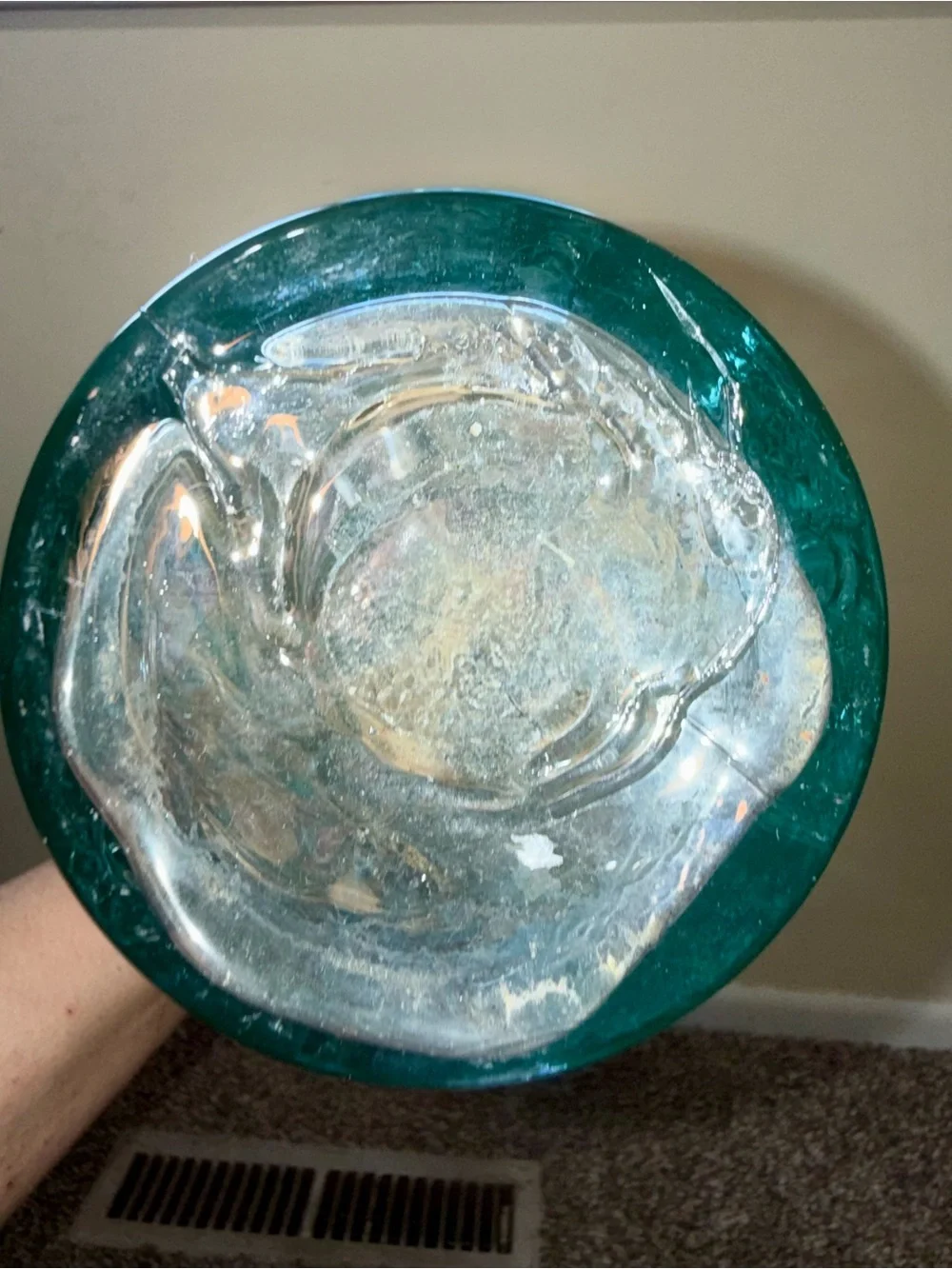 Tell green/aqua color glass bottle daisy flowers and vines pattern 11” height